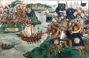 Król Ludwik IX (1214-70) i krzyżowcy przybyli do Kartaginy w 1270 (welum) autorstwa Spanish School