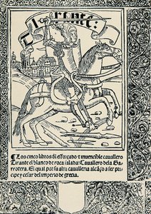 Rycerz na wierzchowcu, Frontyspis hiszpańskiego dzieła Tirant lo Blanc Joanota MARTORELLA (1413-1468) autorstwa Spanish School