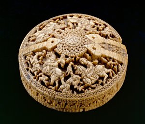 Pokrywa pojemnika ozdobiona czterema myśliwymi i zwierzętami, okres Umajjadów, 998-999 AD (patrz także 416492) autorstwa Spanish School