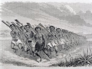 Wojownicy maoryscy wykonujący taniec wojenny, ilustracja z „Powrotu do świata” (rycina) autorstwa Spanish School