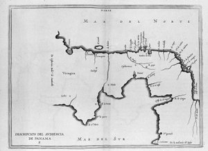 Mapa Ameryki Środkowej (Panama) z hiszpańskiego tomu wycieczek z początku XVII wieku. Mapa jest zorientowana na tryb antyczny (z północnego wschodu na wschód), a Ocean Atlantycki nazywa się Morzem Północnym i Pacyfikiem Południowym. autorstwa Spanish School