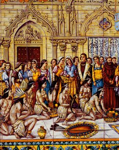 Rdzenni Amerykanie sprowadzili orszak Kolumba do Hiszpanii w 1492 r. (ceramika) autorstwa Spanish School