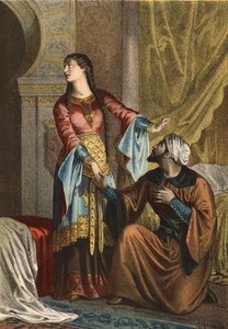 Omar, książę muzułmański, składający deklarację miłości Sancha Ona, hrabina Kastylii. w „Kultze piękna” Juana Justo Huguet, redaktorzy Molinas Hermanos autorstwa Spanish School