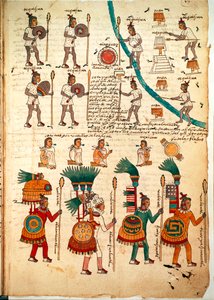 Strona z Kodeksu Mendoza przedstawiająca azteckich wojowników uzbrojonych we włócznie i tarcze, ok. 1541-42 (pióro i atrament na papierze) autorstwa Spanish School