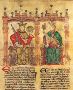 Pelagiusz (685-737), założyciel Królestwa Asturii i jego wnuk Fruela I (722-68) (pigment na welinie autorstwa Spanish School