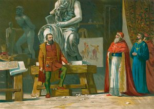 Popiežius Julius II lankosi Mikelandželopolio dirbtuvėse autorstwa Spanish School