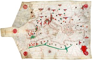 Portulana mapa Morza Śródziemnego i północno-wschodniego Atlantyku, jest to najstarsza portulana w zbiorach Narodowego Muzeum Morskiego. autorstwa Spanish School