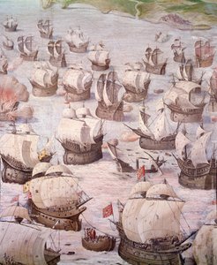 Regaty hiszpańskich galeonów podczas wyprawy na Akory w 1582 roku pod dowództwem Filipa II (1527-1598), króla Hiszpanii. Fresk z XVI wieku. Sala bitew, Pałac Escorial, Madryt. autorstwa Spanish School
