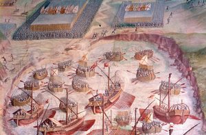 Regaty hiszpańskich galeonów podczas wyprawy na Akory w 1582 roku pod dowództwem Filipa II (1527-1598), króla Hiszpanii. Fresk z XVI wieku. Sala bitew, Pałac Escorial, Madryt. autorstwa Spanish School