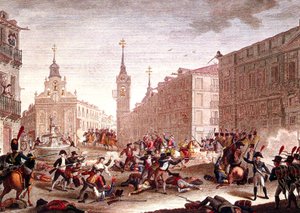 Zamieszki przeciwko wojskom napoleońskim, Madryt, maj 1808 r. (kolorowa rycina) autorstwa Spanish School