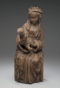 Siedząca figura Matki Boskiej trzymającej Dzieciątko Jezus (drewno)