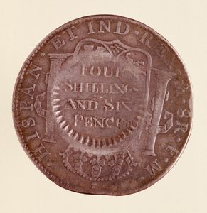 Srebrna moneta (8 reali) z Hiszpanii: panowanie Karola III (1759-1788). 1777 z kontrasygnatem z 1787 r. Śr. 3,9 cm Neapol, muzeum archeologiczne autorstwa Spanish School