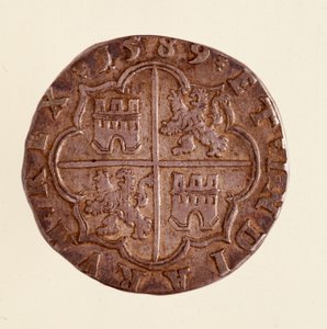 Srebrna moneta (8 reali) z Hiszpanii: panowanie Filipa (Filippo lub Filipa) II (1556-1598). 1589 śr. 3,5 cm Neapol, muzeum archeologiczne autorstwa Spanish School
