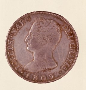 Srebrna moneta (douro lub piastra) z Hiszpanii: panowanie Józefa Napoleona (1808-1813). 1809 śr. 4 cm Neapol, muzeum archeologiczne autorstwa Spanish School