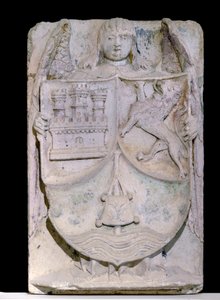 Naszywka hiszpańska z XIV wieku: herb Kastylii i Leona, laska peleryny evoque Saint Jacques de Compostela, zachowana w opactwie cystersów w Fontenay, Burgundia (herb Kastylii i Leon, Hiszpania autorstwa Spanish School