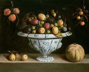 Martwa natura z owoców w niebiesko-białej misce, ok. 1630