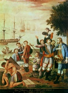Podbój Meksyku: Diego Velasquez de Cuellar (1465-1524) wybiera Hernando Cortesa (1485-1547) na generała Armady i przekazuje mu dowództwo (olej na płótnie) autorstwa Spanish School