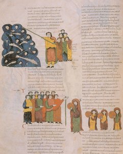Przejście przez Morze Czerwone i taniec kobiet hebrajskich przy dźwiękach tamburynów Mojżesza i jego akompaniatorów, z Wizygotycko-Mozarabijskiej Biblii św. autorstwa Spanish School