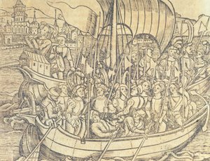 Odkrycie Nowego Świata autorstwa Chrisophera Columbusa (1450-1596) ilustracja z „Ogólnej historii Indii i Nowego Świata” autorstwa Francisco Lopeza de Gomara (ur. 1510) 1554 (rycina) autorstwa Spanish School