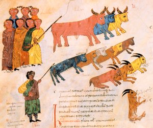 Hebrajczycy opuszczają Egipt ze swoim żywym inwentarzem, z Wizygotycko-Mozarabskiej Biblii św. Izydora, fol.38v., AD 960 (tempera na welinie)