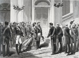 Król Hiszpanii Amedeusz I (Amedeo Ferdinando Maria di Savoia) (1845-1890) i jego żona królowa Maria Victory dal Pozzo della Cisterna (1847-1876) przybyli do Pałacu Królewskiego w Madrycie 19.03.1871. Grawerowanie z „La Ilustracion Espanola y America autorstwa Spanish School