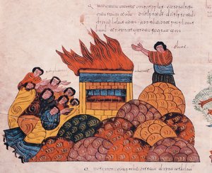 Prorok Eliasz modli się na Górze Karmel, aby Bóg Izraela został usprawiedliwiony przed kapłanami Baala i ogień spada z nieba (1 Królów 18), fol.145v., z Wizygotycko-Mozarabskiej Biblii św. autorstwa Spanish School
