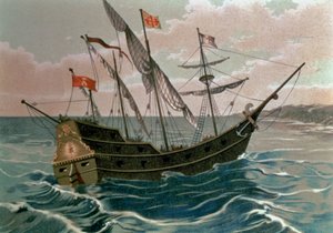 Santa Maria zbliża się do wybrzeża Nowego Świata w 1492, z „Odkrycie Ameryki”, wyd. Barcelona autorstwa Spanish School