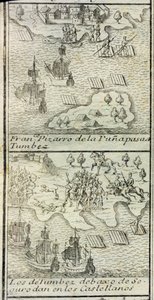 Przybycie Francisco Pizarro ze 180 ludźmi i trzema statkami w Tumbes autorstwa Spanish School