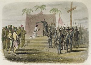 Chrzest króla wyspy Cebu i pięciuset innych Indian przez członków wyprawy Magellana 14 kwietnia autorstwa Spanish School