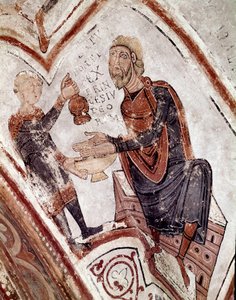 Cykl miesięcy: Poncjusz Piłat myje ręce. Fragment fresku z XII wieku z Królewskiego Panteonu Real Colegiata of San Isidoro (Royal Collegiale of Saint Isidore). Leona. Hiszpania autorstwa Spanish School