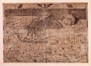 Podniesienie Katalonii lub wojna żniwiarzy (1640-1659), kwatera główna Barcelony drogą morską i lądową przez wojska Filipa IV Hiszpańskiego (1605-1665). Grawerowanie 1652. Muzeum Historii Miasta, Barcelona. autorstwa Spanish School