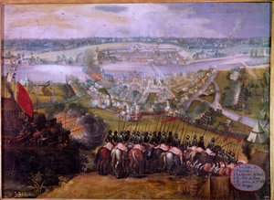 Oblężenie Maastricht przez Hiszpanów w 1579 r. Oblężenie Maastricht (lub Maestricht) w Holandii było epizodem wojny osiemdziesięcioletniej (osiemdziesięcioletniej lub 80-letniej) (bunt holenderski) (1568-1648), widziałem wzrost północnej pro autorstwa Spanish School