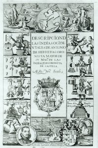 Strona tytułowa Opisu Indii Zachodnich autorstwa Antonio de Herrera y Tordesillas, wydanie madryckie, 1725 autorstwa Spanish School