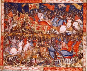 Wojna trojańska: exploity Hectora. Fragment miniatury z hiszpańskiego rękopisu „Codex Benito de Santa Mora”” autorstwa Spanish School
