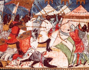Wojna trojańska: Trojanie atakują obóz wojskowy greckich wojowników. Fragment miniatury z hiszpańskiego rękopisu „Codex Benito de Santa Mora”” autorstwa Spanish School