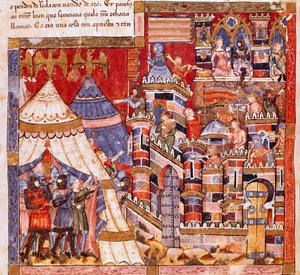 Wojna trojańska: miasto Troja i obóz grecki. Fragment miniatury z hiszpańskiego rękopisu „Codex Benito de Santa Mora”” autorstwa Spanish School