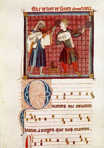Dwóch muzyków, jeden mauretański, a drugi hiszpański chrześcijanin Fragment jednej strony zaczerpnięty z rękopisu Pieśni Najświętszej Marii Panny autorstwa Spanish School