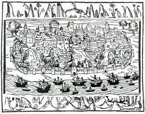 Widok na Lizbonę z Libro de Grandezas y cosas Memoralder de Espana autorstwa Pedro Medina, 1548 autorstwa Spanish School