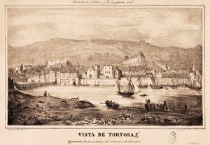 Widok miasta Tortosa w Hiszpanii, w „Historii Cabrery i wojny domowej” autorstwa Damaso Calbo i Rochina de Castro autorstwa Spanish School