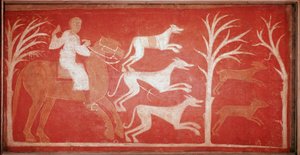 scena polowania przedstawiająca psy biegające za zwierzyną. 1150. Fresk z pustelni Baudelio de Berlanga, Soria. Konserwa w Muzeum Prado. autorstwa Spanish School