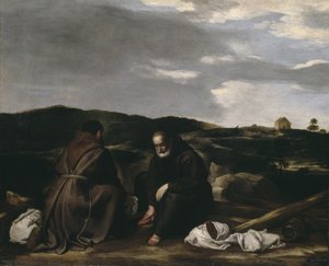 Dwóch mnichów w krajobrazie, ok. 1645 autorstwa Spanish or Italian School