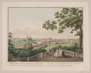 Widok na Helsingør, Kronborg i Øresund pomiędzy wybrzeżami Zelandii i Skanii. Znak na tarasie w hange na Marienlyst autorstwa Søren L. Lange