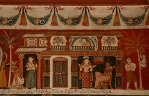 Malowidło ścienne przedstawiające singhalski dom w świątyni Subdharama, Dehiwala (mural) autorstwa Sri Lankan School