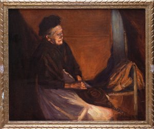 Stara kobieta z mieszkiem przy ogniu (olej na płótnie) autorstwa Stanhope Alexander Forbes