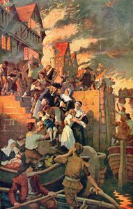 Wielki pożar Londynu w 1666 r., ilustracja z „Historii narodu brytyjskiego” Hutchinsona, ok. 1920 (kolor lito) autorstwa Stanhope Alexander Forbes