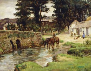 Podlewanie koni w wiejskim strumieniu autorstwa Stanhope Alexander Forbes