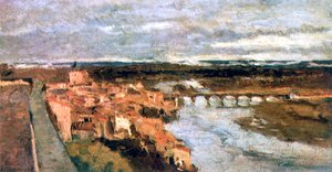 Krajobraz z wioską i mostem, c1855-1892 autorstwa Stanislas Lepine
