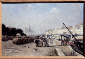 Sekwana przy moście Sully, port wina, Quai Saint Bernard. Obraz Stanisława Lepina (1835-1892). 1882-1885. Ciemny. 0,15 x 0,23. Prywatna kolekcja