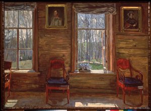 Szczęśliwego maja. (Widok na słoneczny las, przez okna wiejskiego domu, ozdobiony malowanymi portretami i zasłonami). Malarstwo Stanisława Julianowicza Żukowskiego (Żukowski) (1873-1944), olej na płótnie autorstwa Stanislav Joulianovitch Joukovski