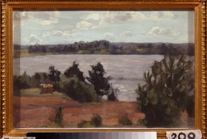Na brzegu jeziora. Praca Stanisława Julianowicza Żukowskiego (Żukowski) (1873-1944), olej na tekturze autorstwa Stanislav Joulianovitch Joukovski